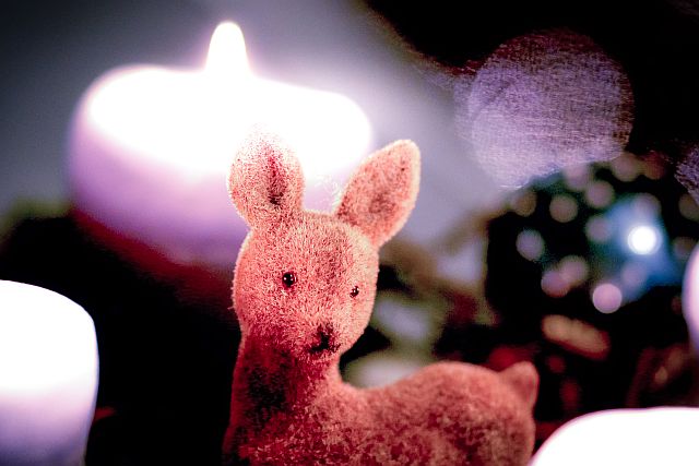 small deer puppet in front of a burning candle